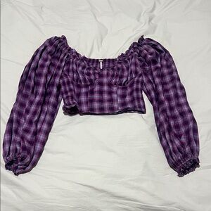 Free People Purple Plaid Off-Shoulder Crop Top